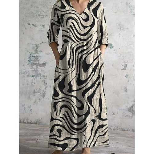 Damen Maxikleid A Linie Kleid Lässig Täglich Normale Passform Blumen Dreiviertelarm V Ausschnitt Blau Grün Aprikose Beige Sommer Frühling Herbst Image