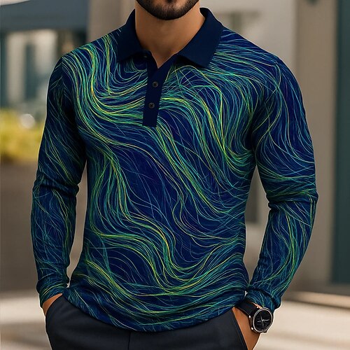 Herren Geometrisch Linie Polo Langarm Polo-Shirts Revers Business-Casual Athleisure Alltagskleidung 3D-Druck Knöpfe Frühling Herbst Winter Schwarz Purpur Grün Image