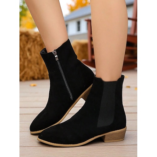 Damenstiefeletten aus Wildlederimitat – seitlicher Reißverschluss und elastischer Einsatz, Chelsea-Stiefel mit niedrigem Absatz für Herbstspaziergänge, Shopping und Freizeitausflüge Image