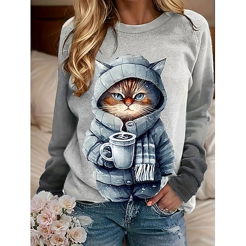 Damen Pullover Sweatshirt Patchwork Druck Grafik Tiermotiv Katze Warm Aktiv Vintage Langarm Rundhalsausschnitt Normale Oberteile Lässig Straße Alltagskleidung Khaki Grau Frühling Herbst Winter