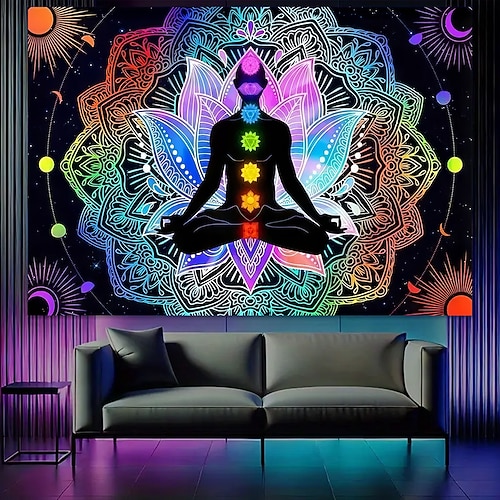 Tapisserie Decke Wandbehänge Sieben Chakra Yoga-Meditation Vintage Ethnisch Schlafzimmer Wohnzimmer Wohnheim Dekorationen Wand Tür Hintergrund Image