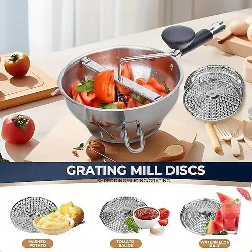 Küchenmaschine aus Edelstahl mit 3 Klingen, ergonomische Küchenmaschine mit Rotation, multifunktionales Küchenwerkzeug zum Hacken, Schneiden, Raspeln und Pürieren von Obst, Gemüse und Kartoffeln