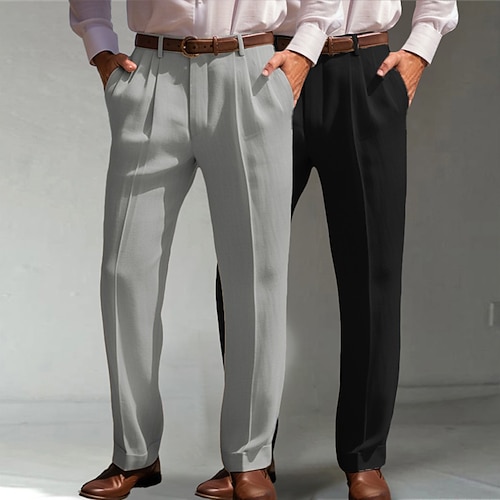 Herren Leinenhosen Hose Anzughose Sommerhose Fronttasche Falten Gerader Schnitt Einfach Komfort Atmungsaktiv Volle Länge Formell Geschäft Täglich Mode Basic Grün grau Weiß Khaki Unelastisch Image