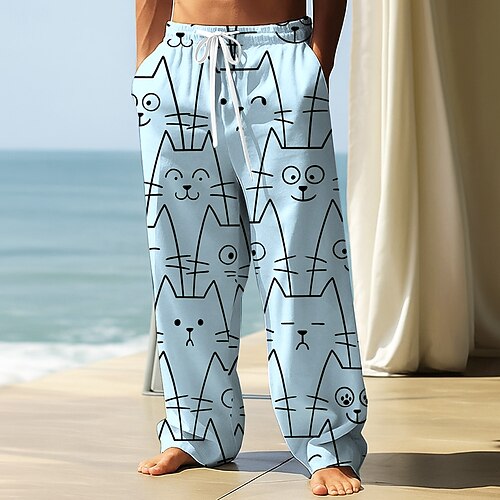Herren Hose Freizeithose Baggy-Hosen Elastischer Kordelzug in der Taille Leinenähnliche Hose mit Taschen Tiermotiv Katze Lustig Volle Länge Outdoor Urlaub Lässig Weiß Rosa Unelastisch Image