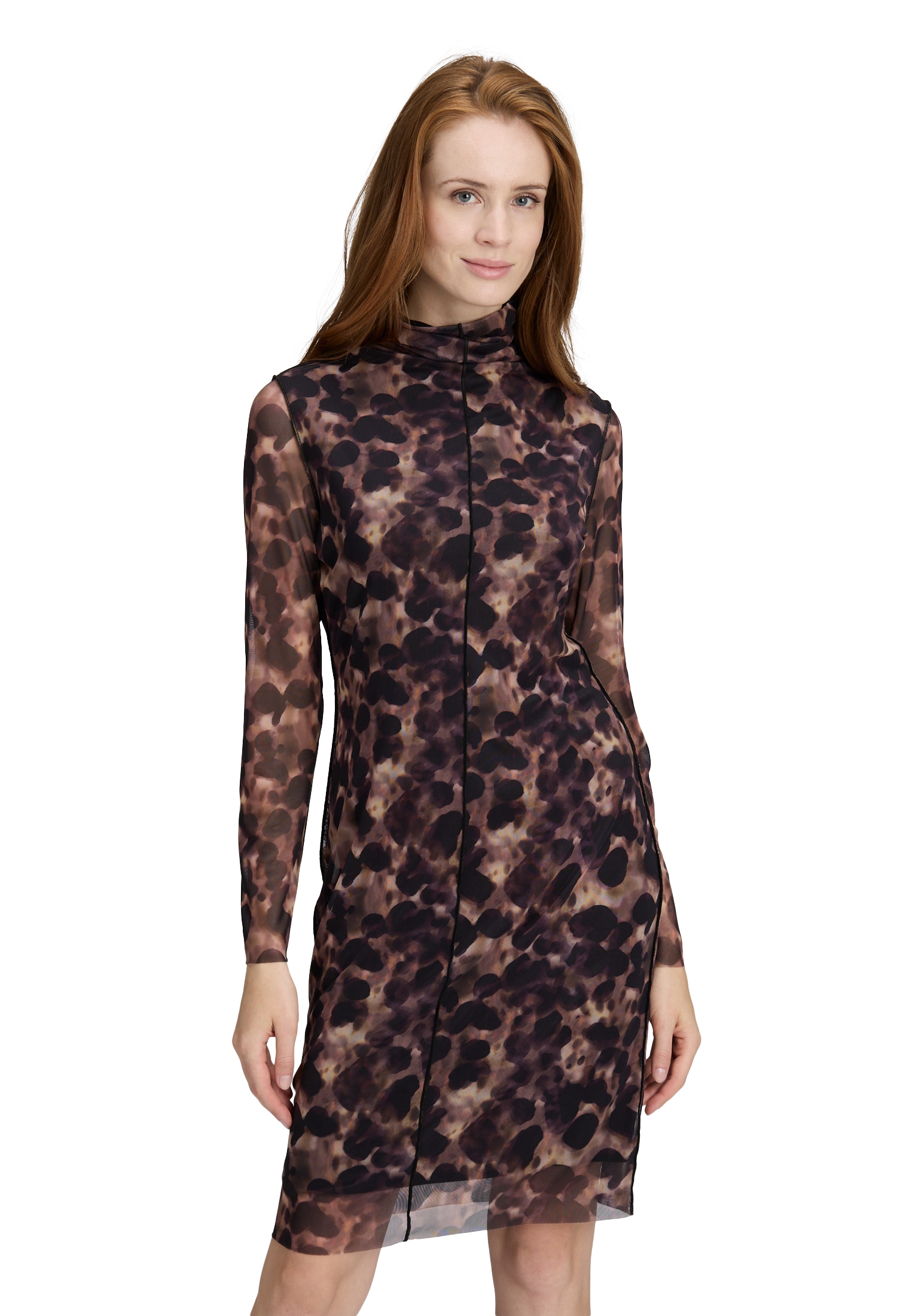 Meshkleid CARTOON "Damen Mesh-Kleid mit Kragen", Damen, Gr. 34, Normalgrößen, apricot, schwarz, Obermaterial: 95% Polyester, 05% Elasthan. Futter: 95% Viskose, 5% Elasthan., figurbetont kurz, Rundhals, Kleider Image