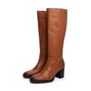 Stiefel TOMMY HILFIGER "STACKED HEEL LEATHER LONG BOOT", Damen, Gr. 39, braun, Glattleder, klassisch, Schuhe, Blockabsatz, Langschaftstiefel mit goldfarbenem Logo-Schmuckelement