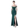 Jerseykleid MODA MINX "Zara Off Shoulder Dress", Damen, Gr. M, EURO-Größen, grün (dunkelgrün), 100% Polyester, unifarben, elegant, lang, Carmenausschnitt, ohne Ärmel, Kleider, im schulterfreien Design