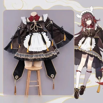 Spiel Genshin Impact Hu Tao Maid Cosplay Kawaii Niedliches Uniformkleid Krinoline-Anzug für Frauen Halloween Anime Party Roleplay Outfit Image