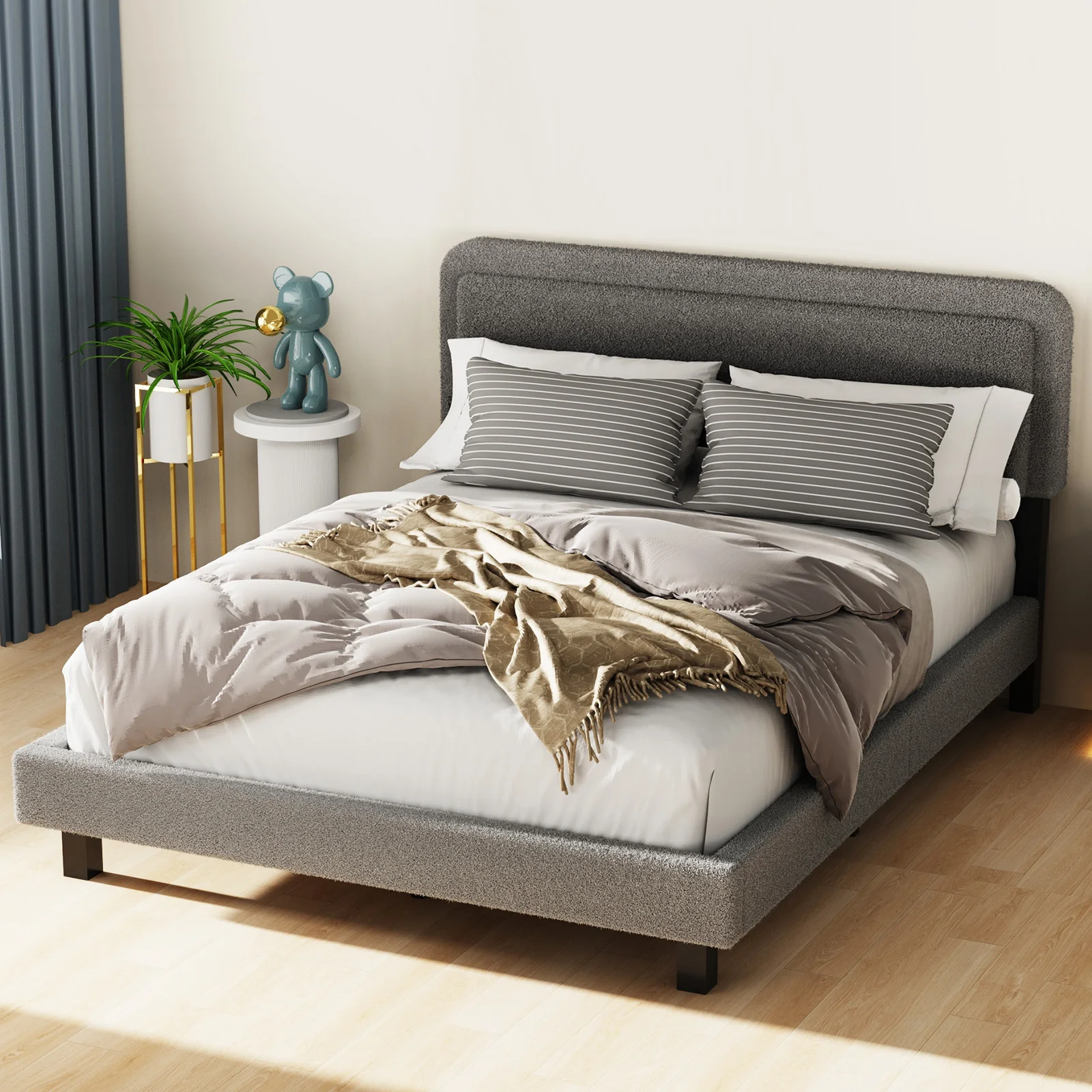 140×200 Doppelbettrahmen, einfache Montage, stabile Lattenrost aus Holz, gepolsterte Plattform mit Kopfteil, kein Boxspringbett erforderlich, Image