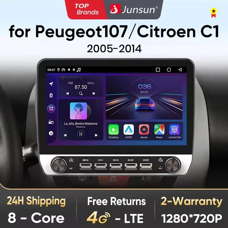 Junsun Wireless Carplay Android Auto Radio für Peugeot 107 Toyota Aygo Citroen C1 2005-2014 Multimedia-Player Navigation Stereo Image