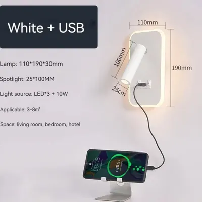 Bedside Wall Lamp, LED Wall Light, Wall Mounted Reading Light with Switch and USB Port, Rotatable Wall Sconce Wall Spotlight