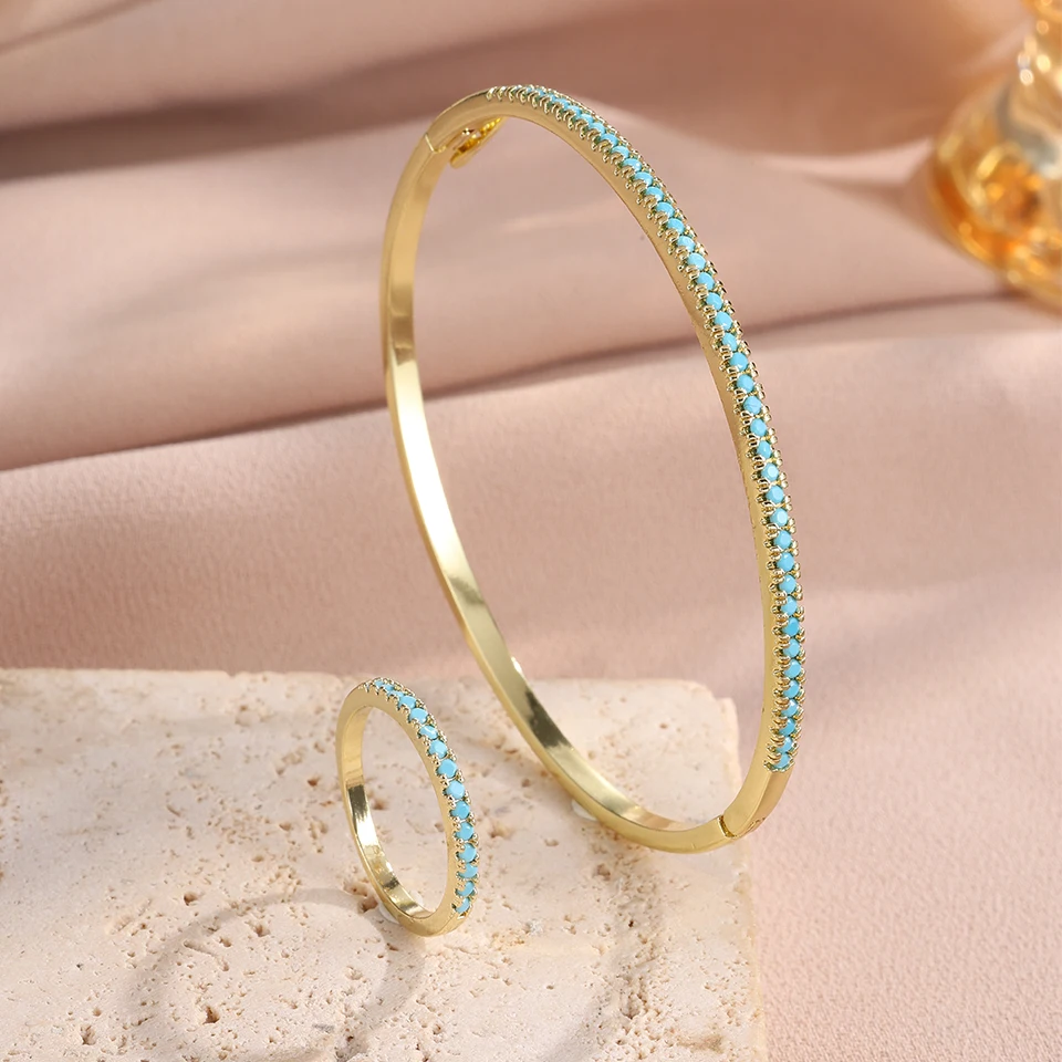 ZAKOL Neue Trendy Blau Türkis Runde CZ Zirkon Intarsien Armband Ringe Set für Frauen Gold Farbe Exquisite Schmuck Geschenke Image