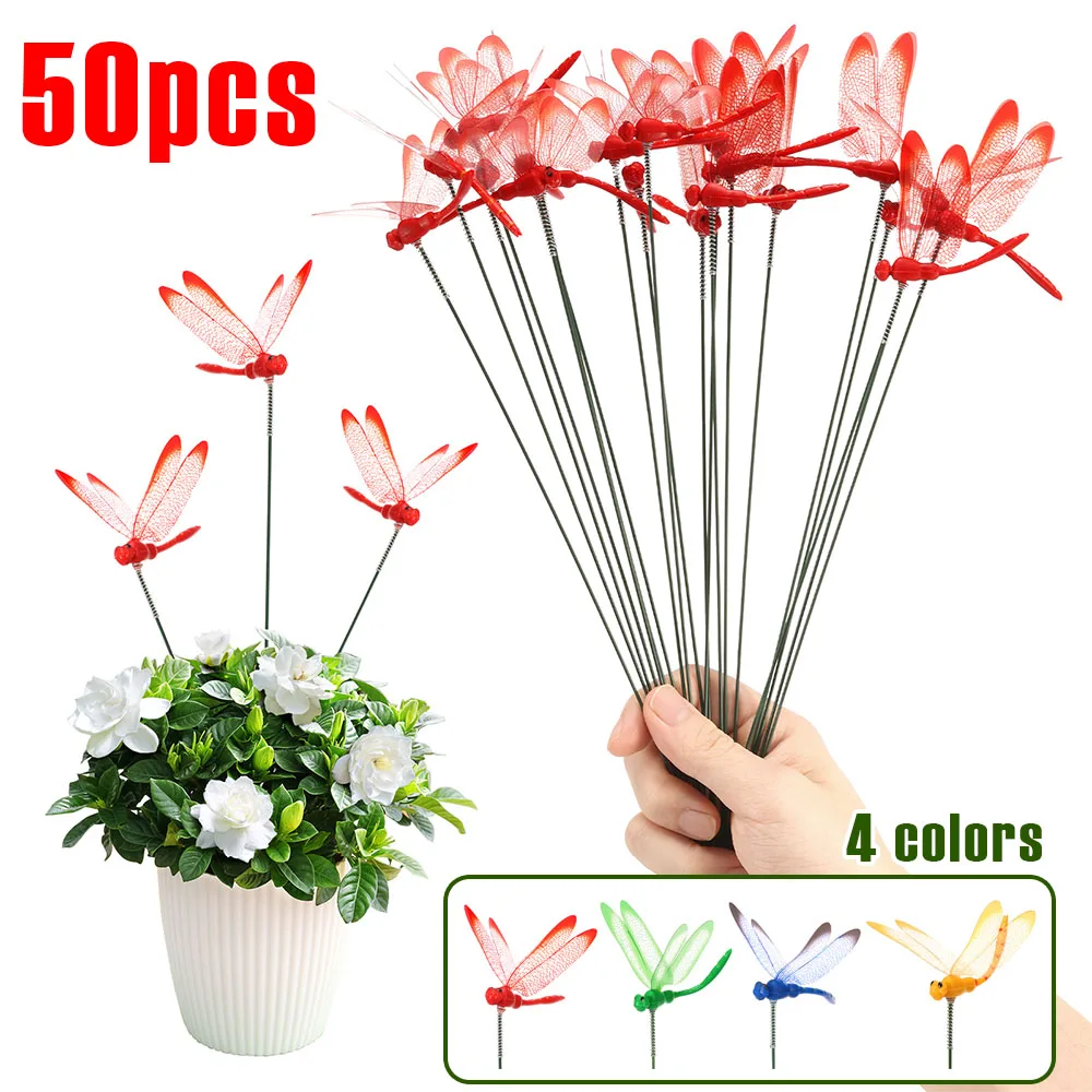 50 Stück Garten-Libellenpfahl aus Kunststoff, Simulation, Gartenpfahl, Dekoration, kreative Libellen-Ornament für Blumentopf, Rasen im Freien Image