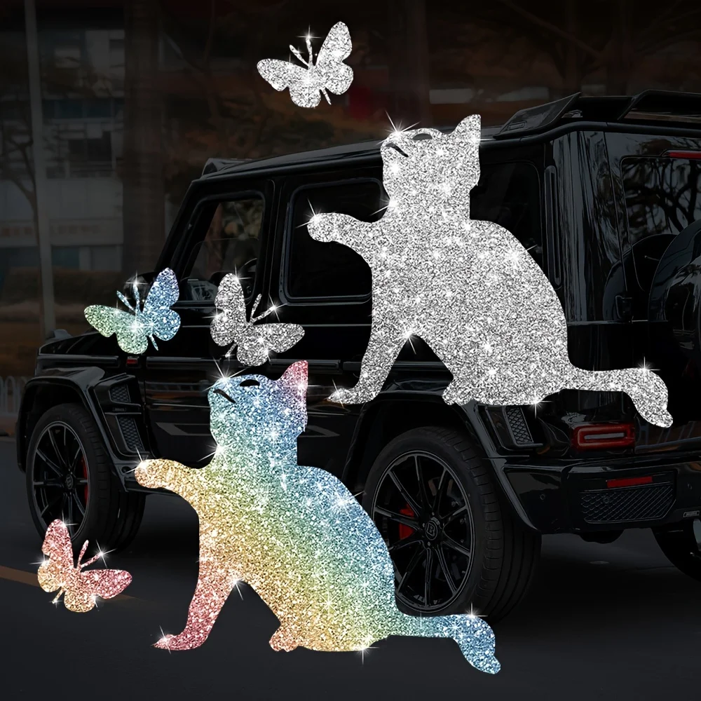 1PC Imitation Diamant Glitter Katze und Schmetterling Auto Aufkleber Wasserdicht für DIY Auto Fenster Heckscheibe Boot Vinyl Aufkleber Image