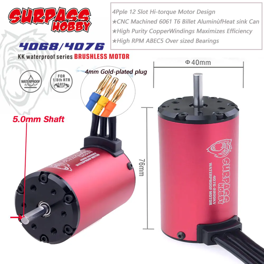 Surpass Hobby KK 4068/4076 Wasserdichter bürstenloser Motor 1700/2000/2250KV 5,0 mm Welle für RC 1/8 Drift Racing Offroad-Kletterauto
