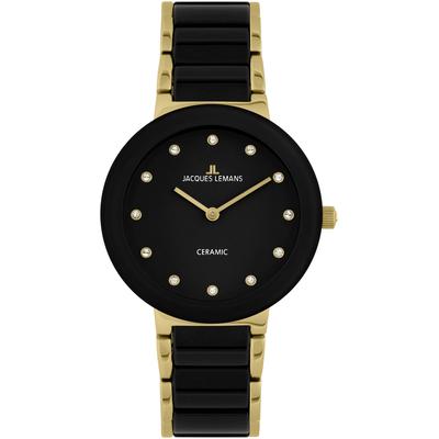 Keramikuhr JACQUES LEMANS "Monaco", schwarz, goldfarben, Armbanduhren, Damen, Quarzuhr, Armbanduhr, Damenuhr, bis 10 bar wasserdicht, Glaskristalle Image