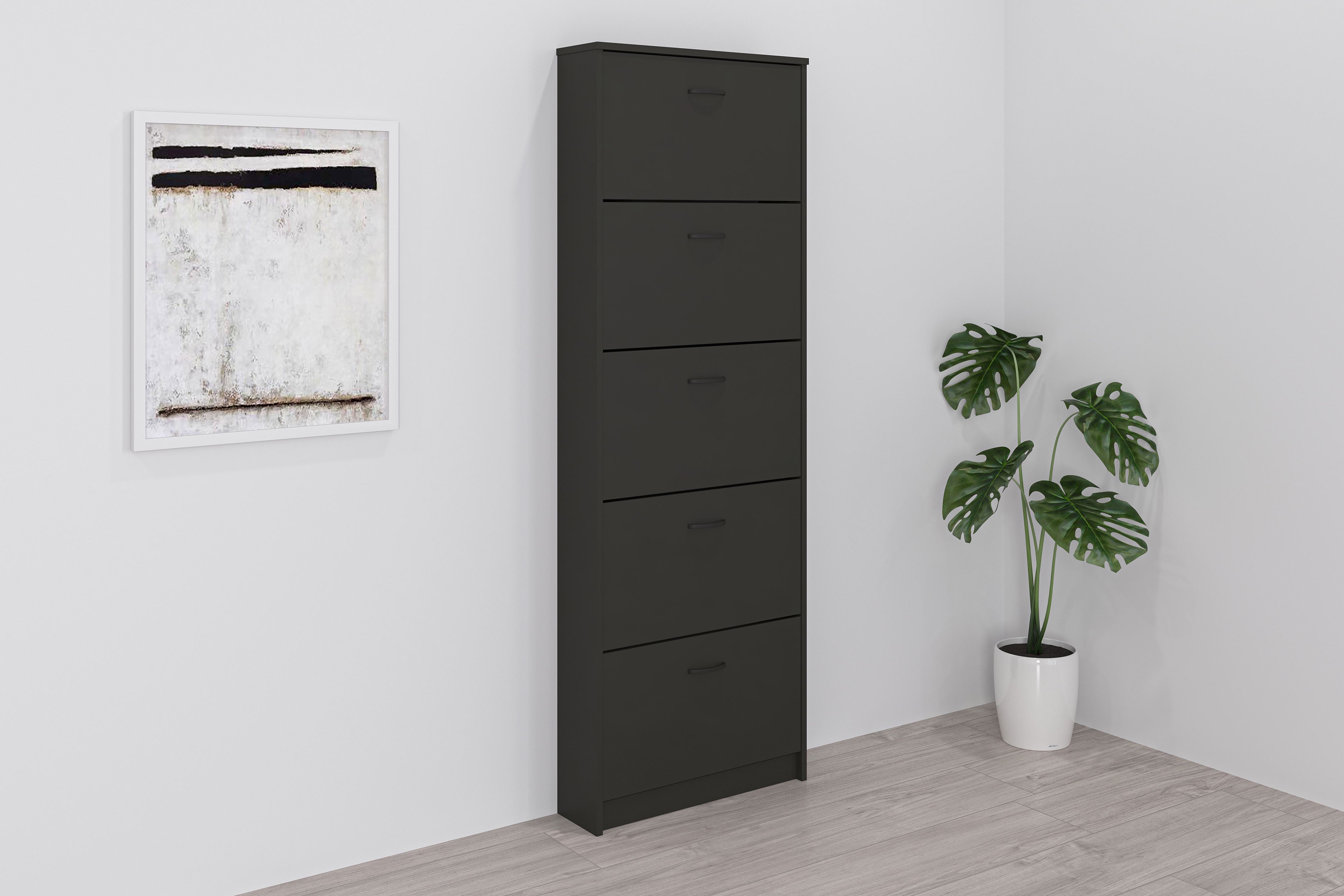 Schuhschrank FMD "Step 5", grau (anthrazit), B:58,5cm H:168,5cm T:17cm, Schränke, Schuhschrank, Schuhkipper mit 5 Schuhklappen, Höhe 168,5 cm, Tiefe 17 cm