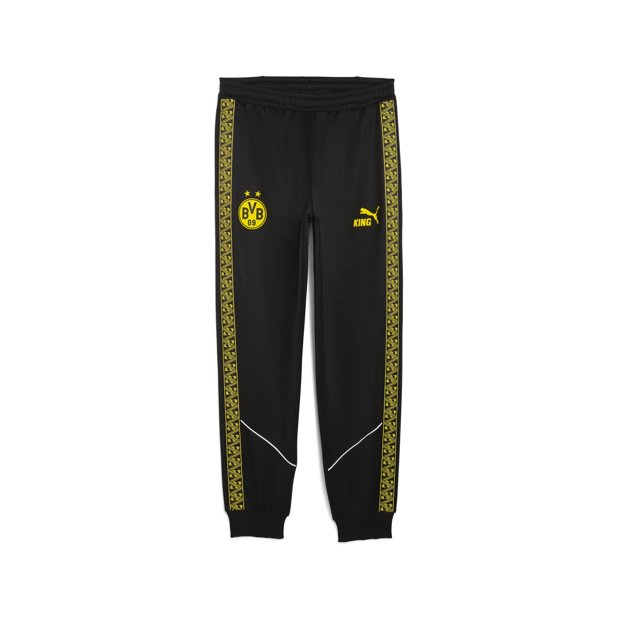 Sporthose PUMA "Borussia Dortmund KING Anthem Hose Herren", Damen, Gr. XS, Normalgrößen, schwarz faster gelb, Obermaterial: 63% Polyester, 37% Baumwolle; Taschenfutter: 100% Polyester; Rippe: 7% Elasthan, 93% Polyester; Besatz: 100% Polyester, slim...
