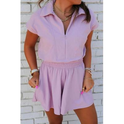 Damen Kurzarm Reißverschluss Kragen Elastischer High Waist Jumpsuit Image