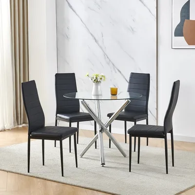 BonChoice 5Pcs Round Glass Dining Table Set, Clear Dining Table with 4Pcs Dining Chairs for Dining Room Kitchen
