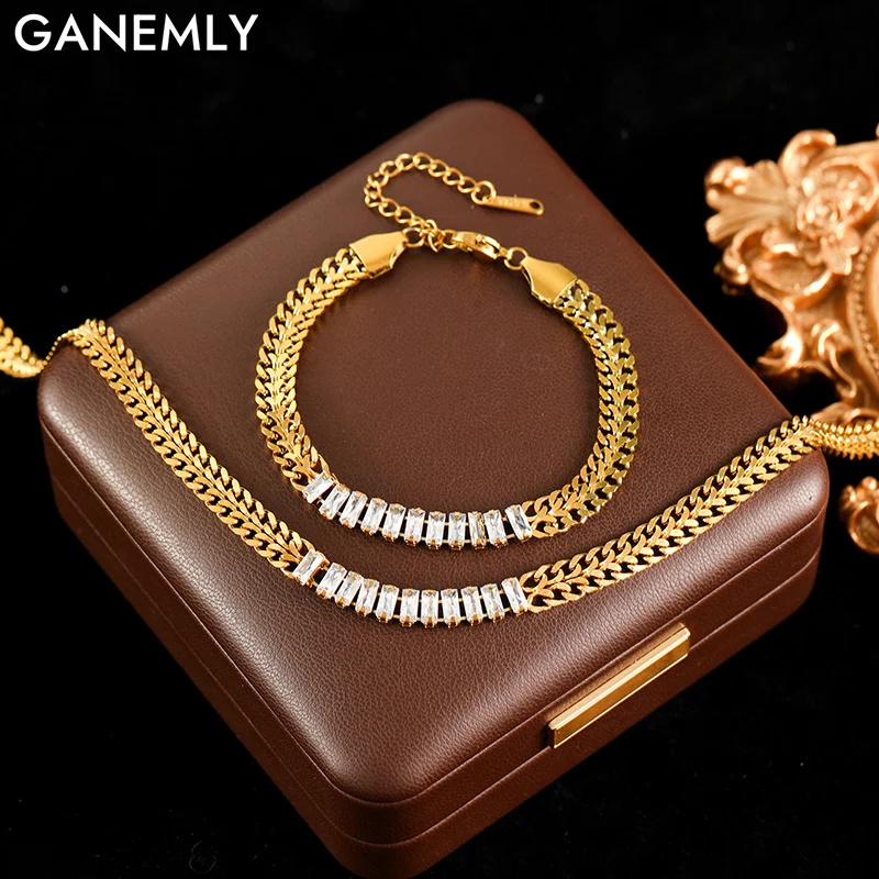 GANEMLY 316L Edelstahl Metall Weiß Zirkon Halskette Armbänder Wasserdicht Schmuck Set Gold Farbe Textur Beliebte Schmuck Set Image
