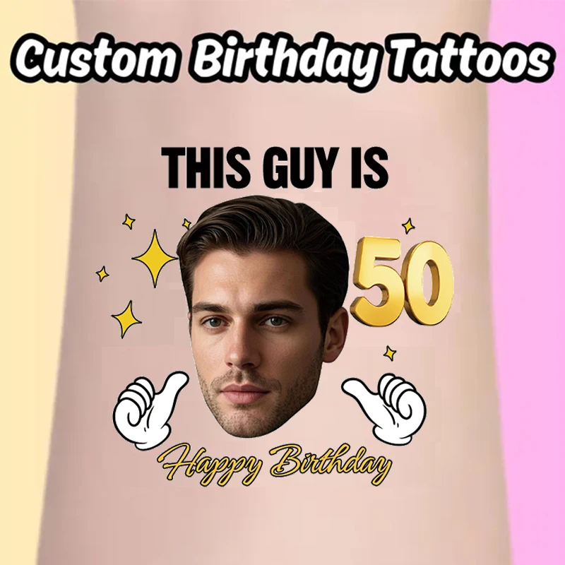 15 Stück personalisierte temporäre Tattoo-Tätowierungen für Geburtstagsfeiern, personalisieren Sie Ihr eigenes Gesicht, Foto und Namen, Alters-Tattoos, Aufkleber, Geburtstagsparty-Dekoration Image