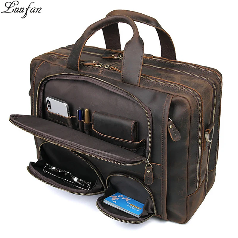 Multifunktions Crazy horse Echtes Leder Männer Aktentasche 17 "Laptop business Tasche tote Vintage Männlichen Große Schulter Tasche Travel Duffel