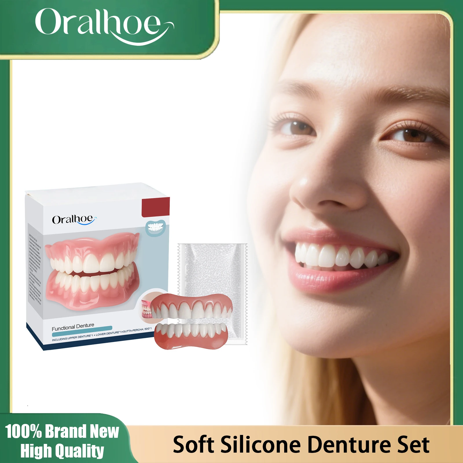 Obere und untere Zahnersatz, künstliche Zähne, komplettes Set, verbessert fehlende, gebrochene, dunkle Zahnverbesserung, temporäres Zahnrestaurierungsset Image