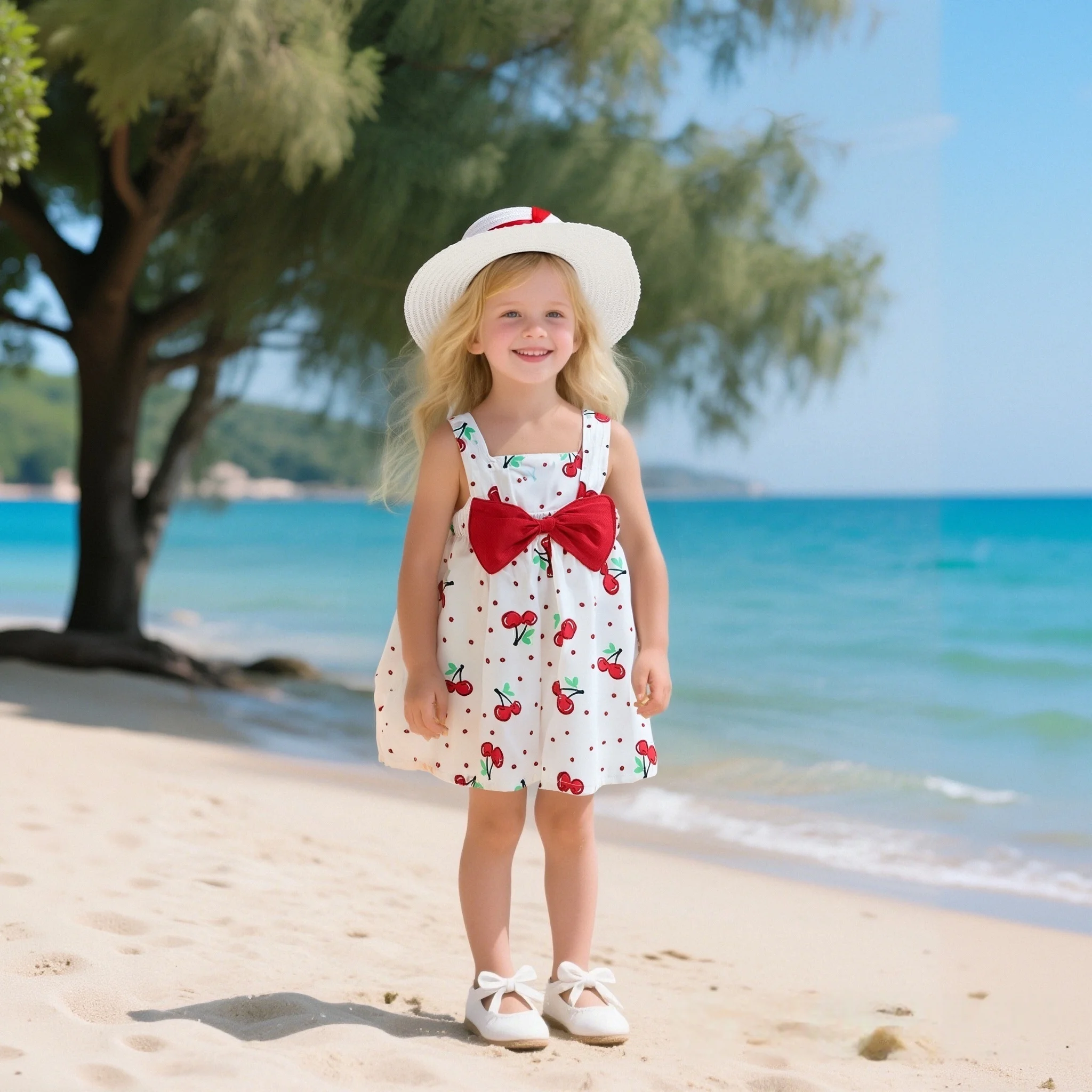 Sommer Neue Mädchen Baby Kleid Bogen Dot Kirsche Druck mit Hut Urlaub Stil Süße Prinzessin Kleid Süße Geburtstag Party Kleid Image
