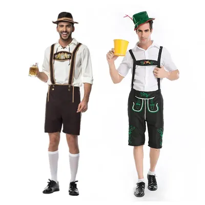 Bayerisches Lederhosen-Bierkostüm für Herren, Oktoberfest, Karneval, Partykleidung, Oberteil + Hosenträgerhose + Hut Image