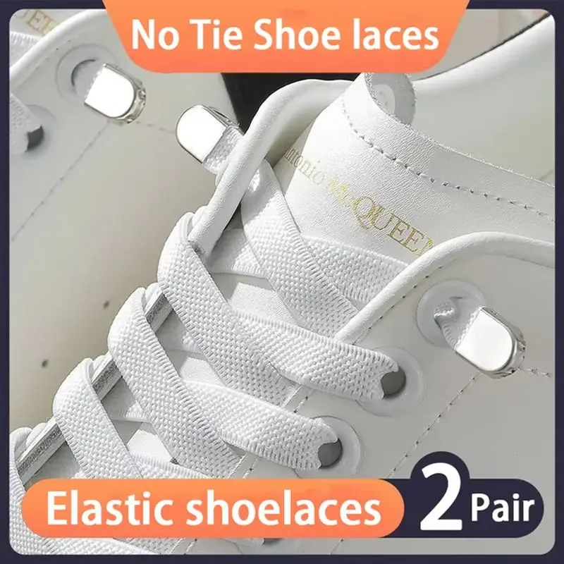 2 Paar elastische Schnürsenkel für Sneakers, ohne Krawatte, 8 mm breit, flache Schnürsenkel, Sneakers ohne Krawatte, Schnürsenkel für Kinder und Erwachsene, schnelles Schuhzubehör Image
