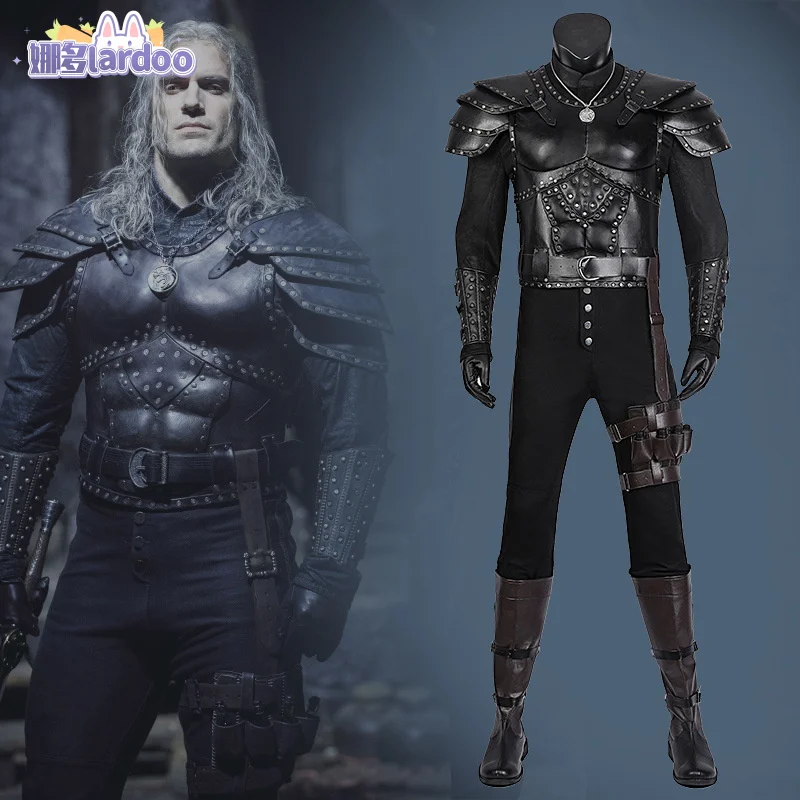 Männer Witcher Cosplay Kostüm Erwachsene Super hero Zauberer Rüstung Outfit Schwarz Leder Zauberer Hunter Anzug Halloween Karneval Kostüme Image