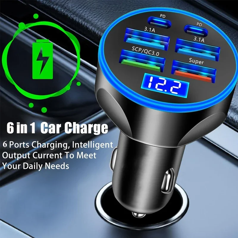 6 in 1 USB C Auto ladegerät Adapter mit Spannungs monitor Schnell ladung im Auto für iPhone Samsung Vivo Oppo Oneplus Handys Image