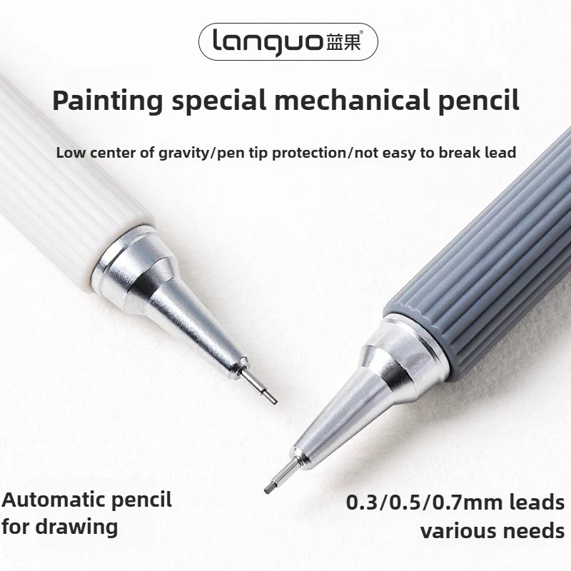 LANGUO Druckbleistift aus Metall mit weichem Griff, 0,3/0,5/0,7 mm, niedrige Schwerkraftzeichnung, HB-Bleistift-Set mit Minen, Büro, Schule, Kunstbedarf Image