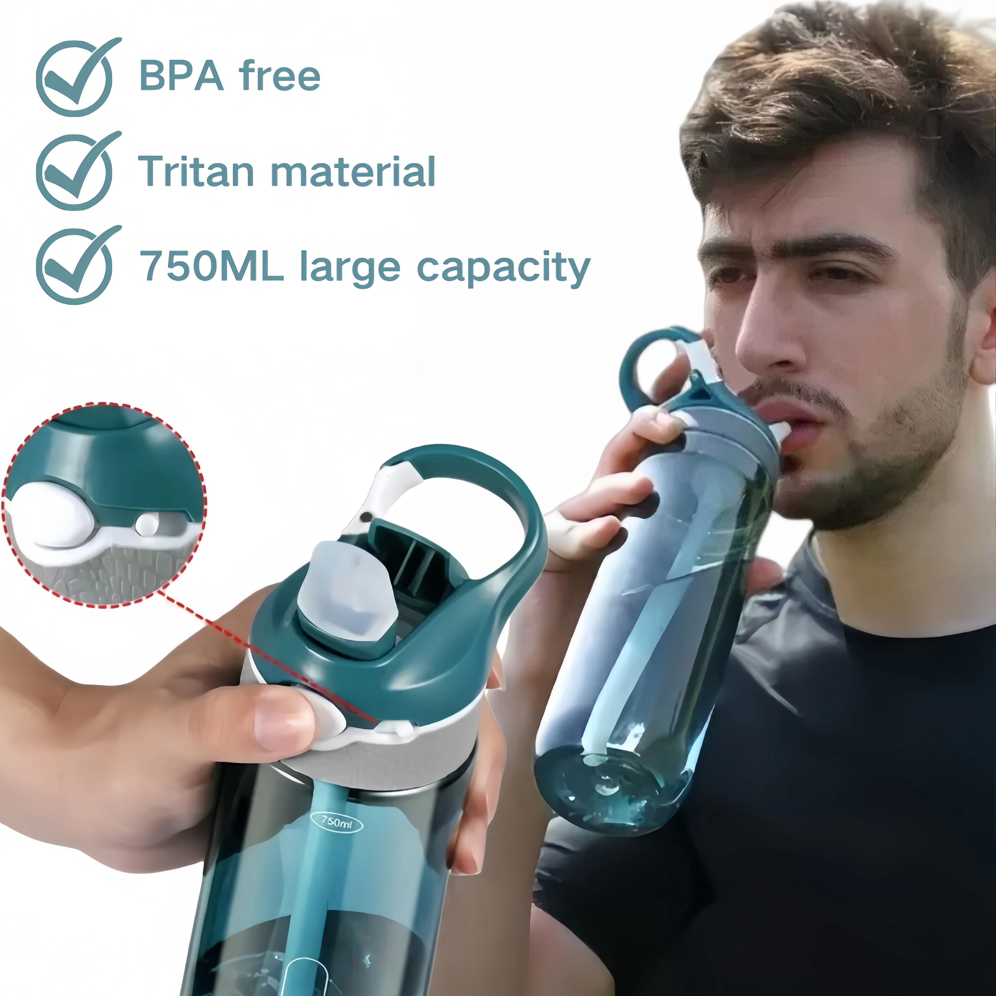 750 ml Trian-Material, Sportwasserflasche mit Strohhalm und Griff für Fitnessstudio, Camping, Wandern, Outdoor, transparenter Kunststoff, BPA-freier Wasserbecher Image