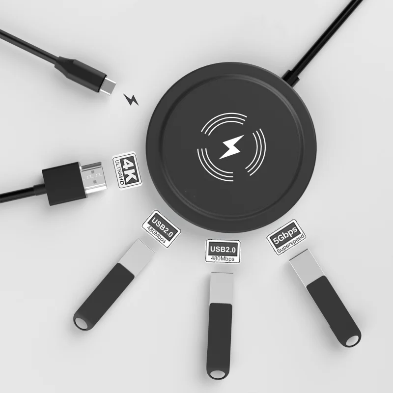 6-in-1 Runde Docking Station Desktop USB Hub Splitter Drahtlose Lade Funktion Für Laptop Macbook Telefon Tablet computer Büro Image