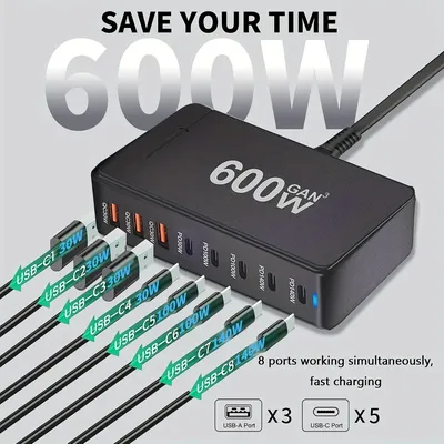 Neues 600 W GaN Fast Charge 3.0 USB-C-Ladegerät mit 8 Ports 5C3A PD, tragbar und geeignet für Tablets