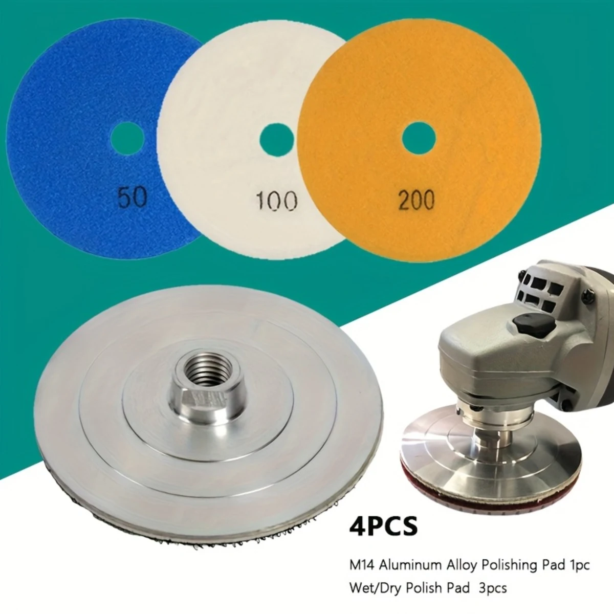 3 Stück 100 mm/4 Zoll Diamant-Polierpads mit M14-Aluminiumlegierung, Nass-/Trockenpolierpad-Set für Granit, Marmor, Beton, Stein Image