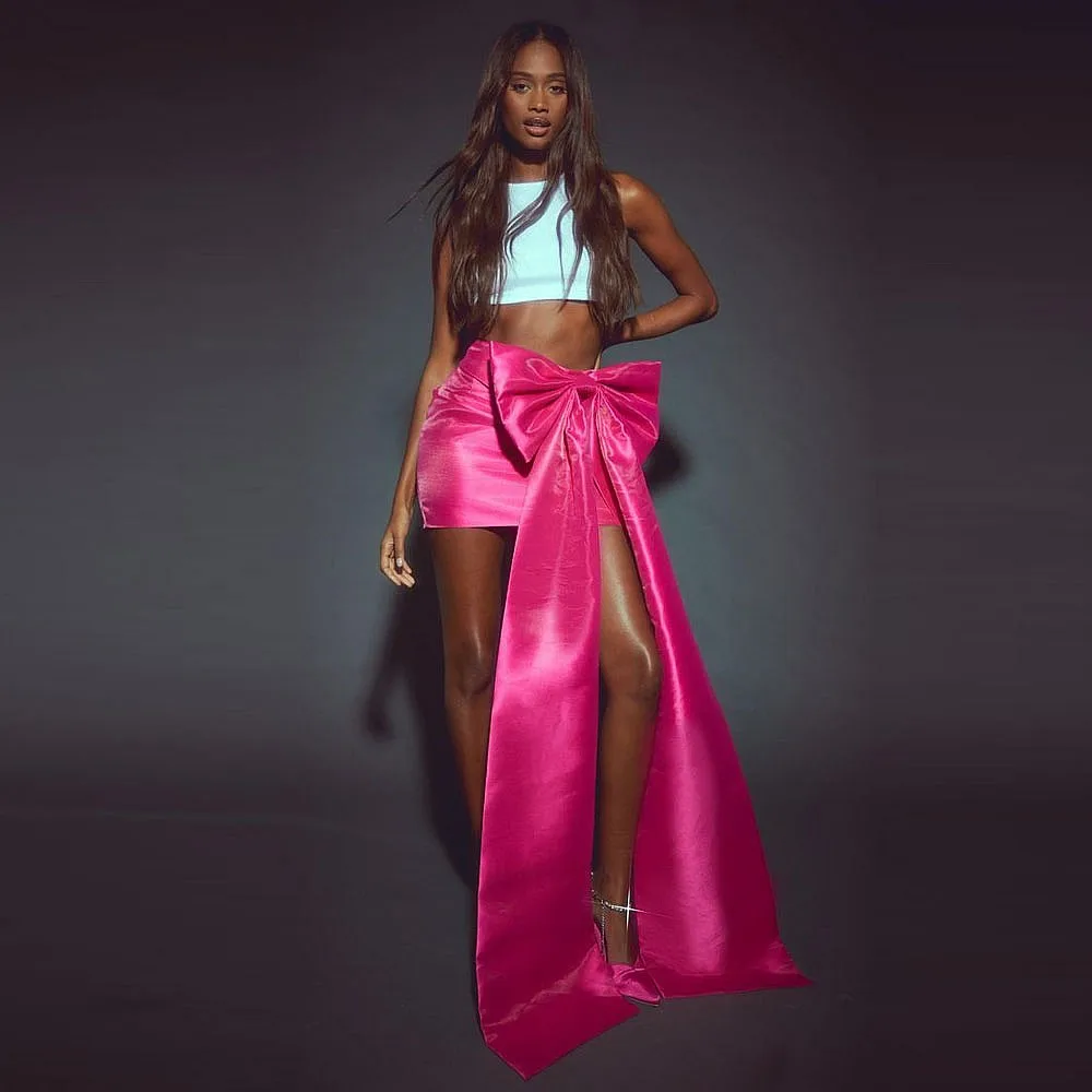 Heiße rosa große Schleife Frauen Röcke ohne Top Silk Bogen Mantel Sexy Dame Rock Geburtstag tragen junge Mädchen Party Rock für Fotos