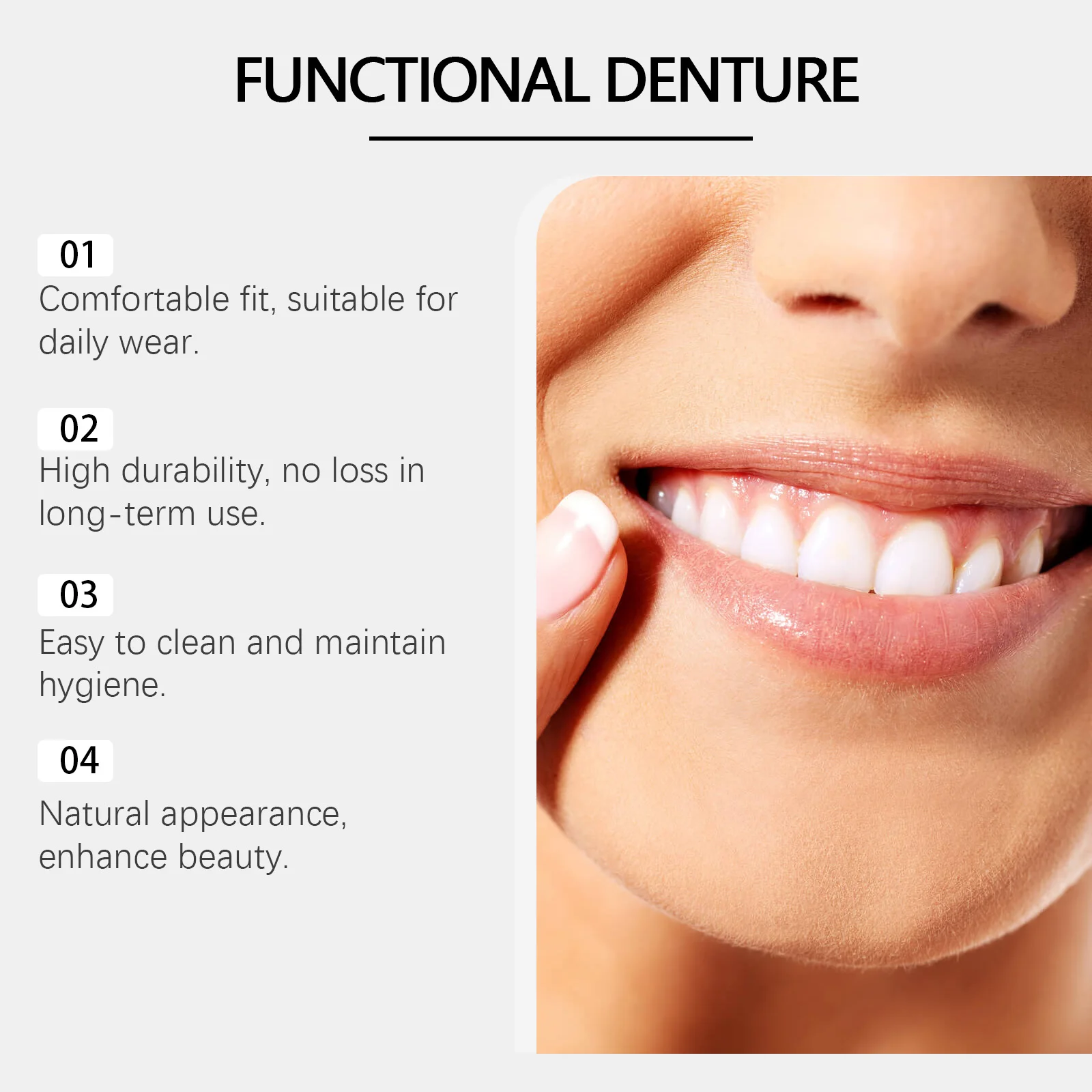 Temporäre Prothesen-Entlastungsset-Abdeckung, fehlende gebrochene Zähne, obere und untere Zahnveneers verbessern die Ästhetik, künstliche Zahn-Mundpflege Image