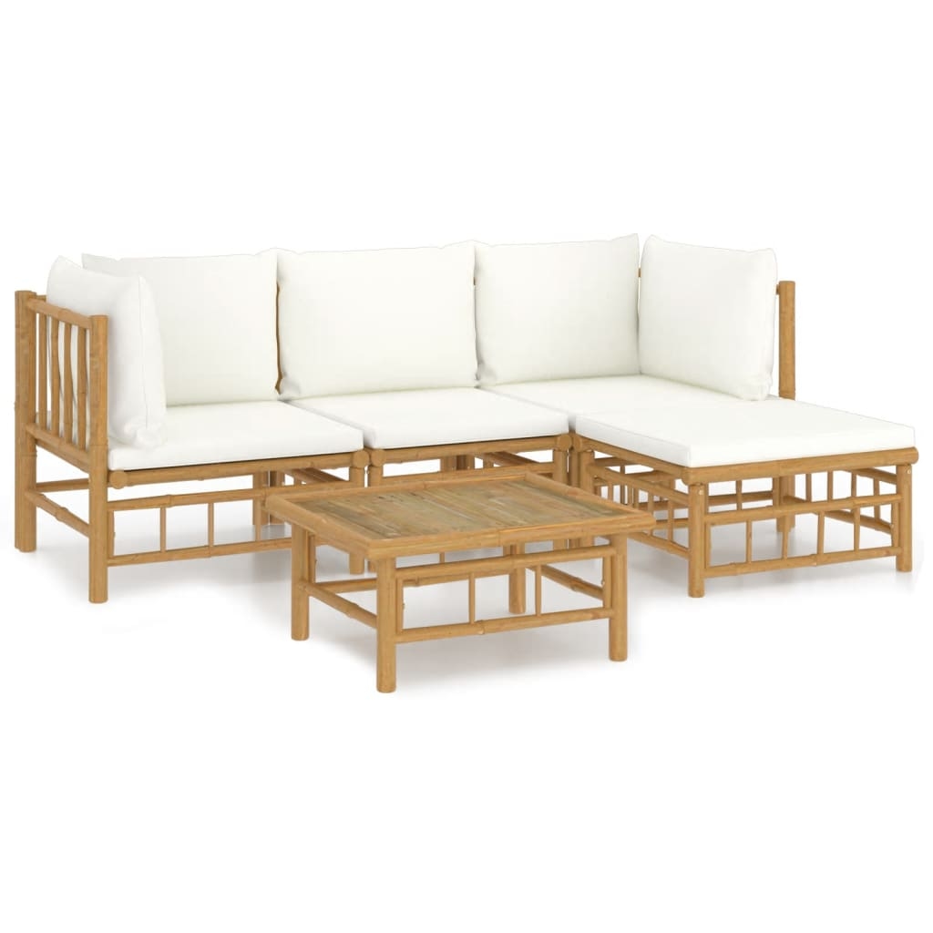 vidaXL 5-tlg. Garten-Lounge-Set mit Cremeweißen Kissen Bambus Image