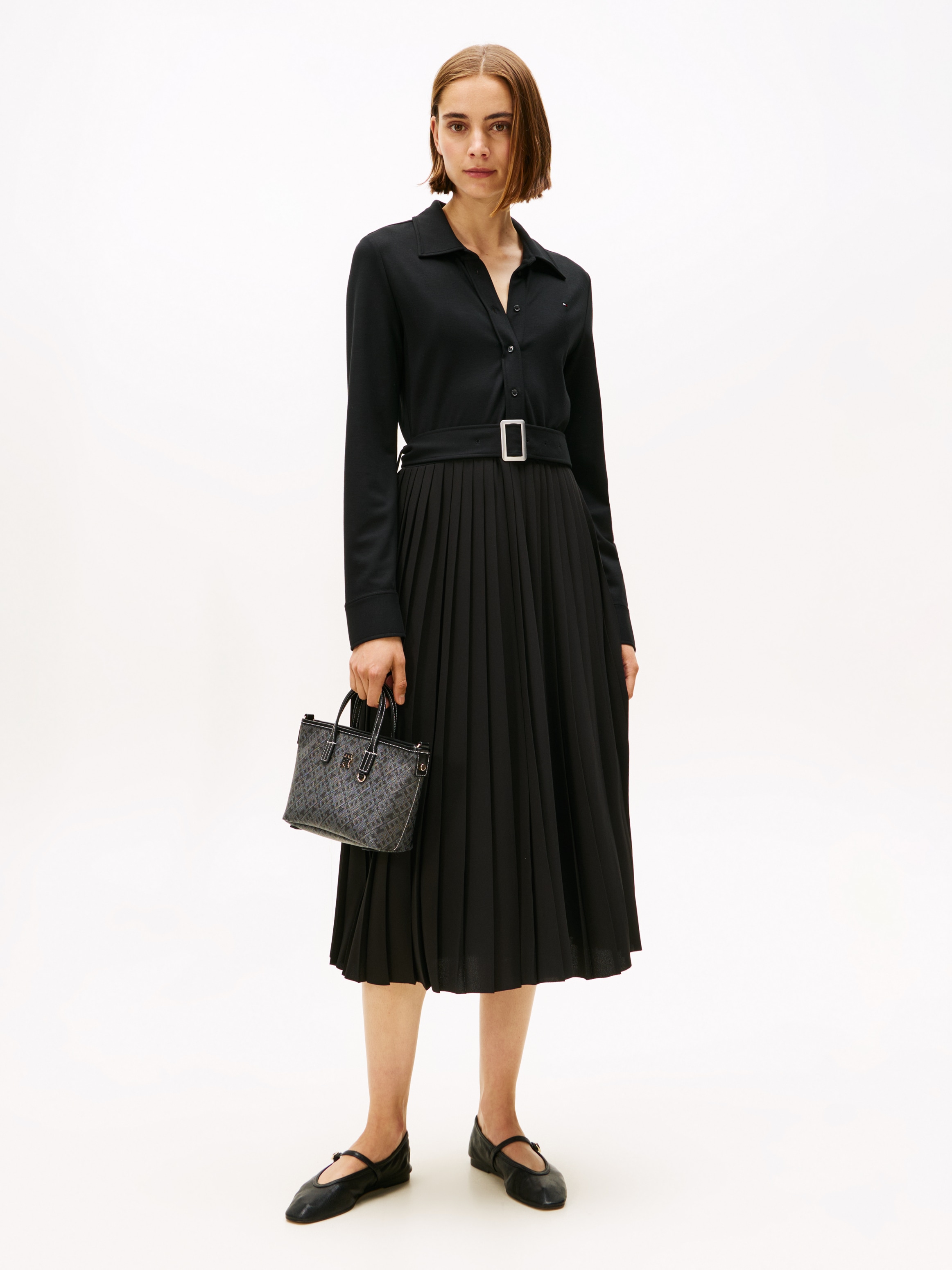 Polokleid TOMMY HILFIGER "INTERLOCK MIX MEDIA POLO DRS LS", Damen, Gr. XL (42), N-Gr, schwarz, Jersey, Obermaterial: 82% Viskose, 11% Polyamid, 7% Elasthan, unifarben, Kleider