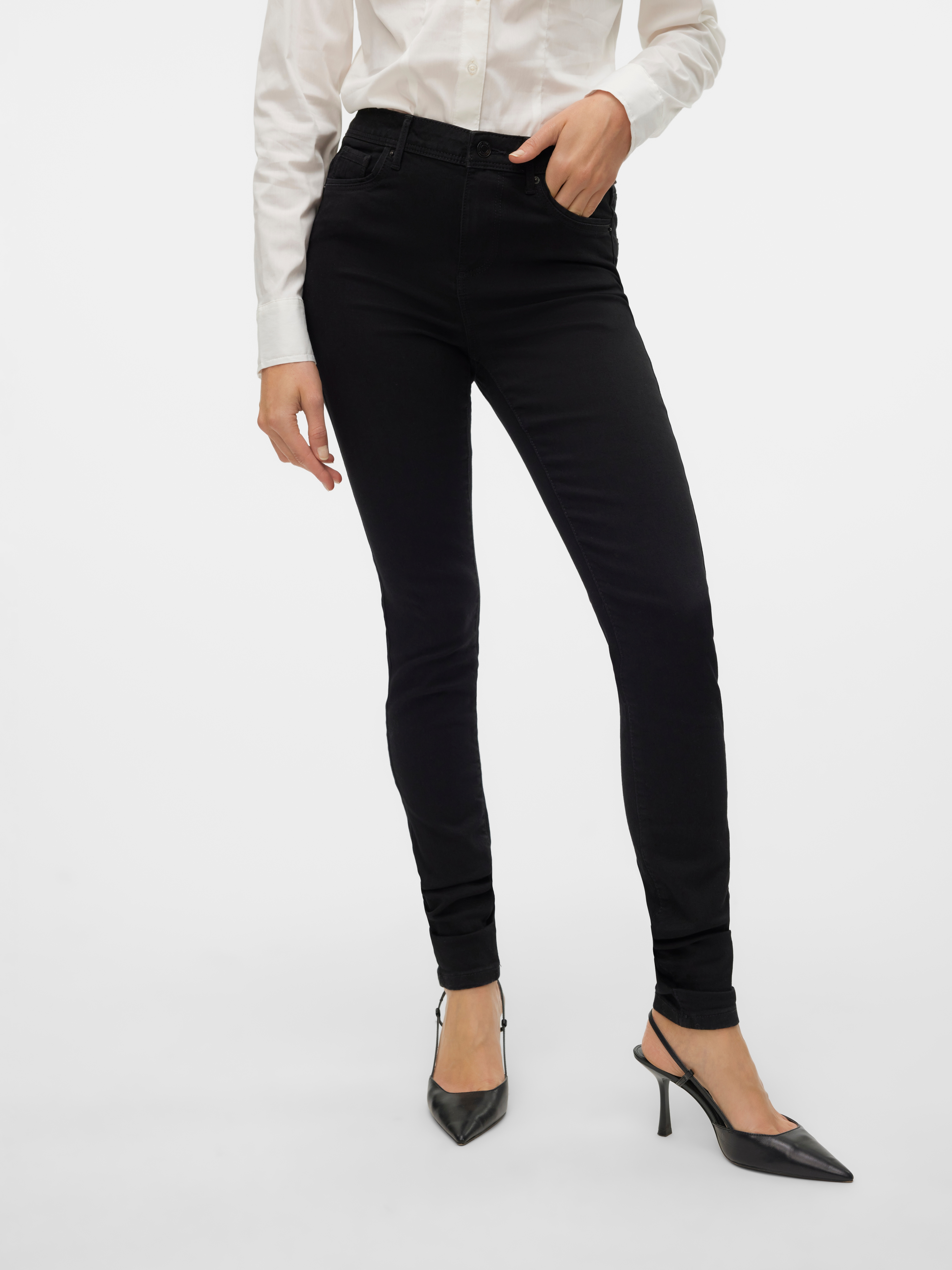 Skinny-fit-Jeans VERO MODA "VMTATIANA MR S PIPING JEANS", Damen, Gr. XS (34), Länge 34, schwarz, Denim/Jeans, Obermaterial: 50% Baumwolle, 38% Polyester, 9% Viskose, 3% Elasthan, unifarben, skinny fit, Jeans