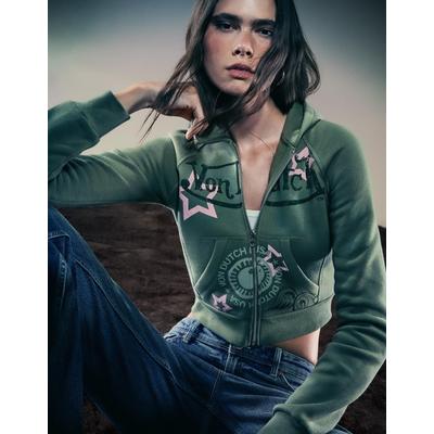 Bershka Von Dutch Print Zip-Up Hoodie Women M Khaki