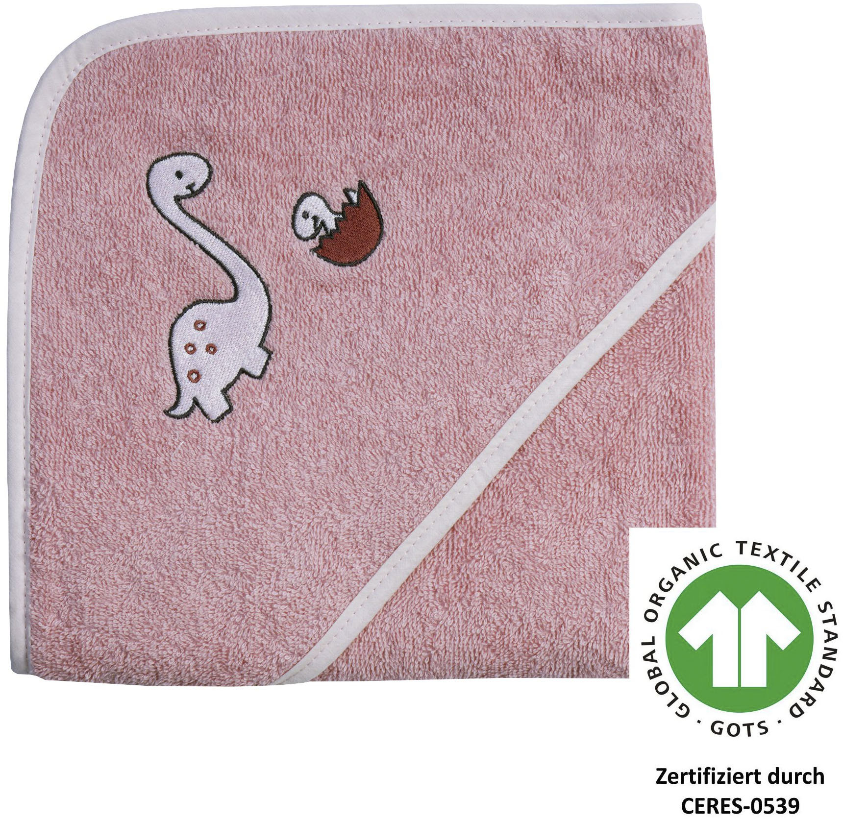 Kapuzenhandtuch WÖRNER "Dinofamilie", rosa, B:80cm L:80cm, Frottee, Frottee, Handtücher, Biobaumwolle, mit Kapuze, maschinenwaschbar, trocknergeeignet