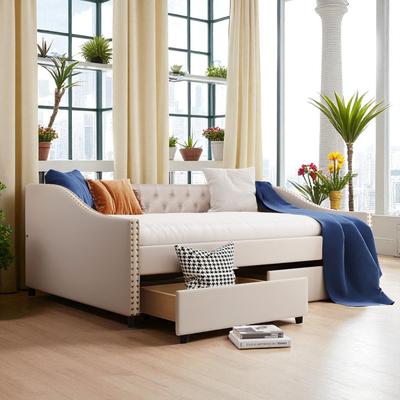 Full Size Upholstered Daybed with Storage Drawers, Tufted Linen Fabric Sofa Bed Frame with Slats, No Box Spring Needed