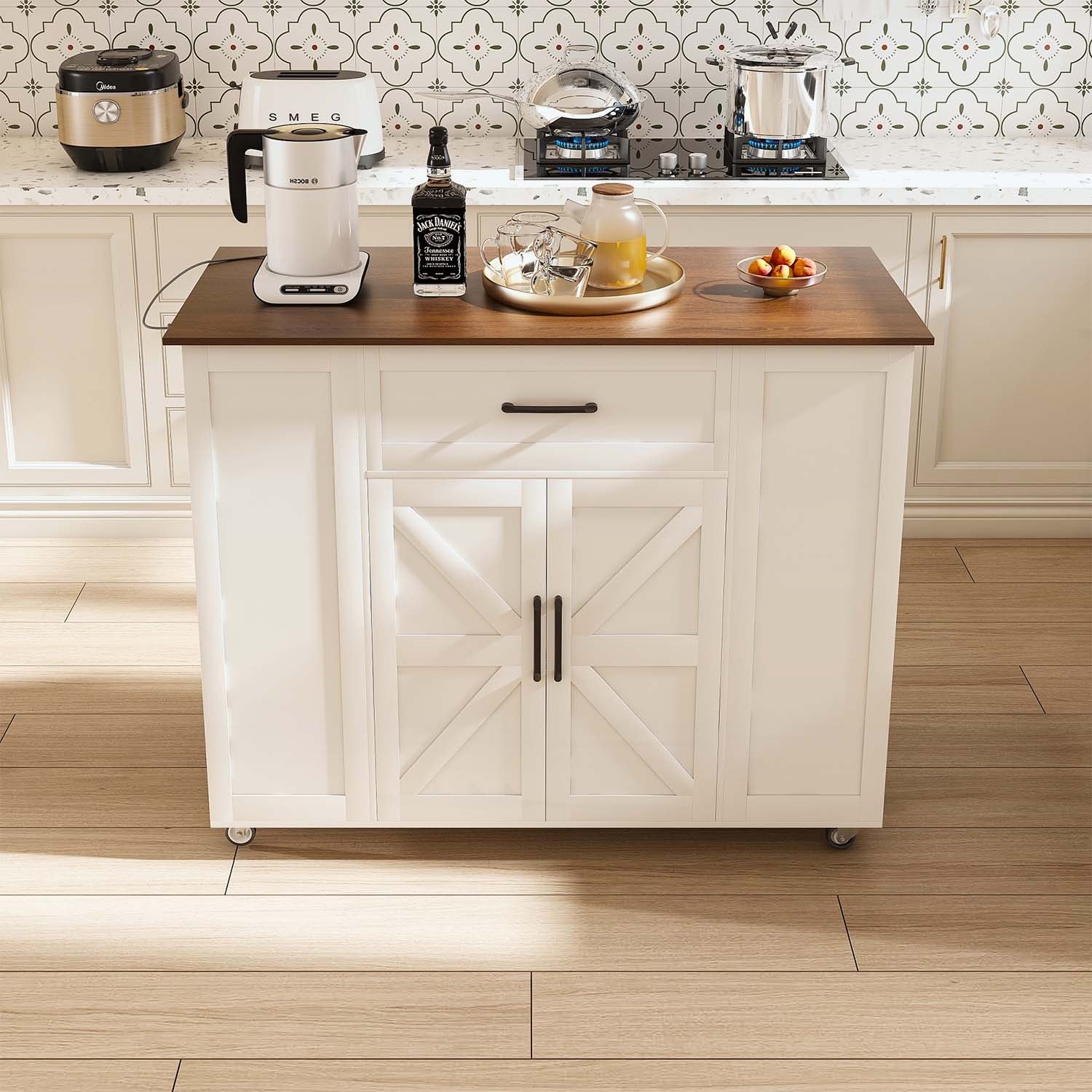 Kitchen Island on Wheels with Storage & Power Outlet,Adjustable Shelf & Drawer for Kitchen Dining Living Room