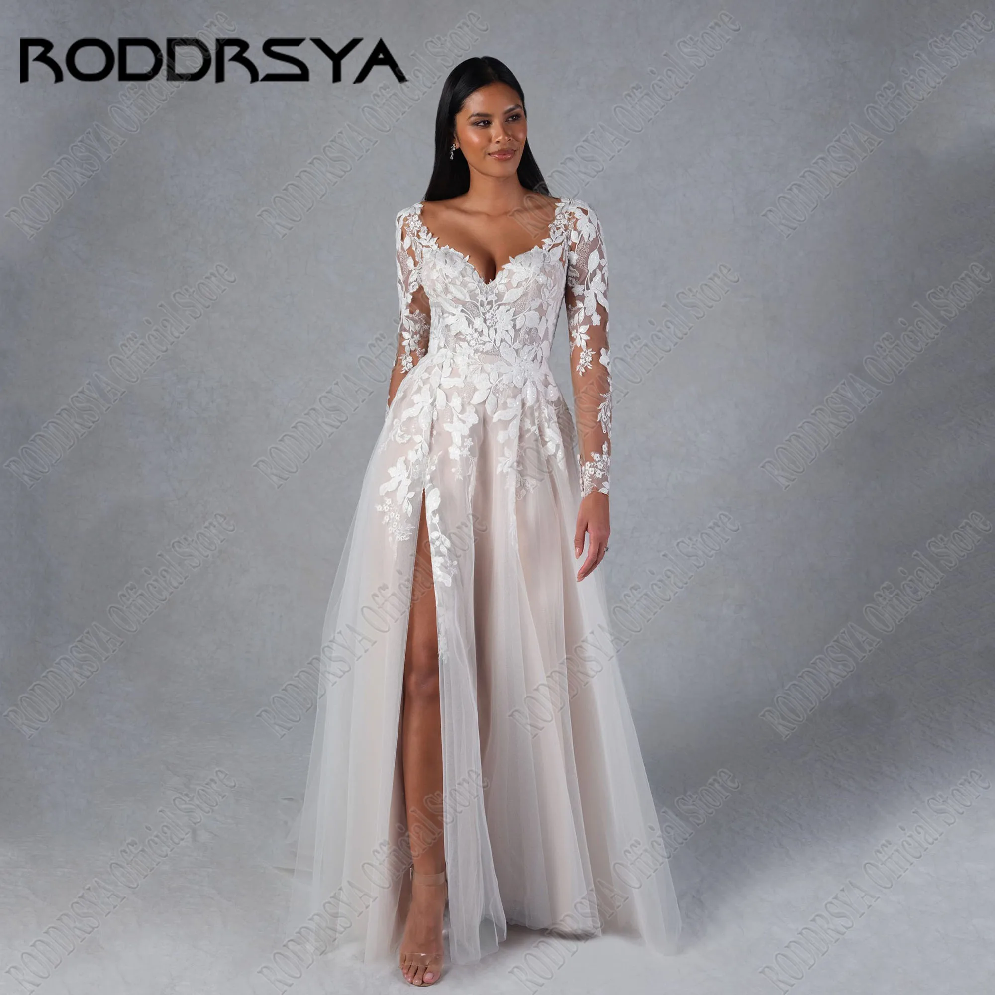 Roddrsya elegantes Brautkleid Langarm A-Linie Spitze Applikation Seite geteilt Brautkleid Schatz Vestidos de Novia angepasstRODDRSYA Elegantes Brautkleid Langarm A-Linie Spitze Applique Seite Split