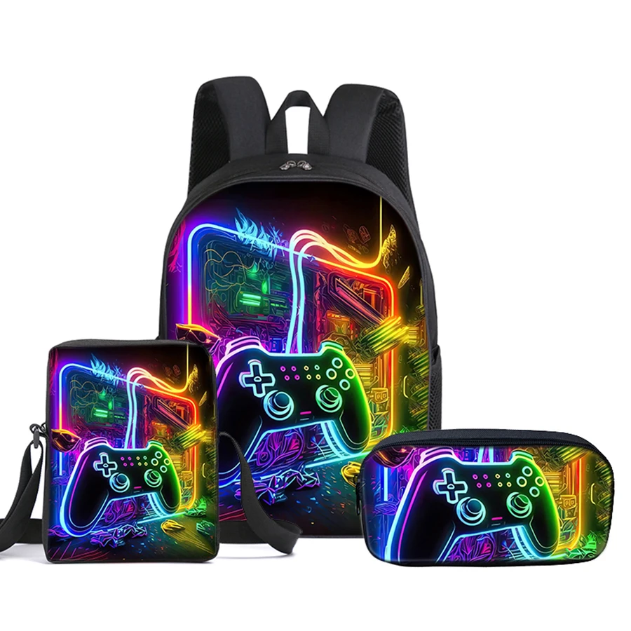 Ensemble de 3 sacs à bandoulière GamePad, sacs à crayons, sacs d'école pour garçons et filles, meilleurs cadeaux, sac à dos d'école de dessin animé 3D pour enfants