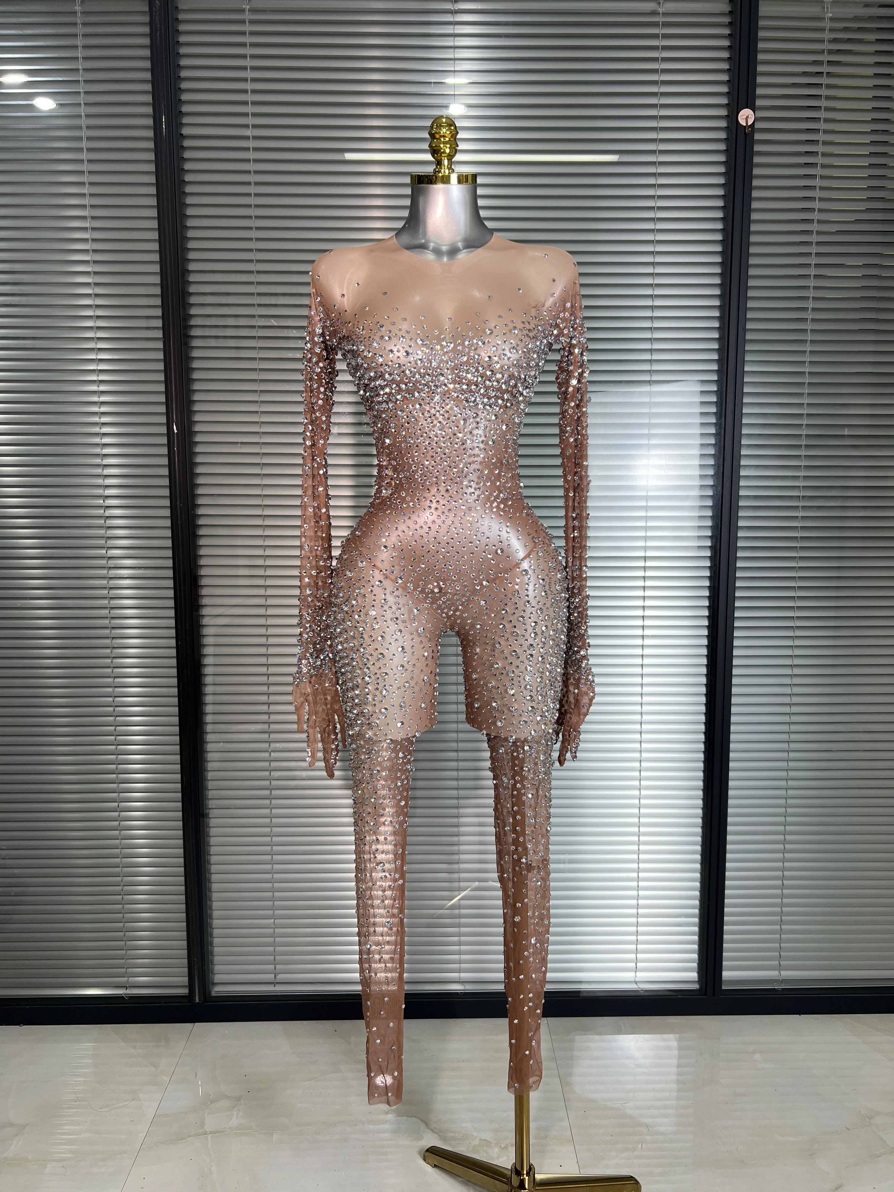 Frauen Sexy Kristall Sheer Blau Silber Haut Bodycon Overall Promi Designer Shinning Tänzerin Nachtclub Strampler Handschuhe